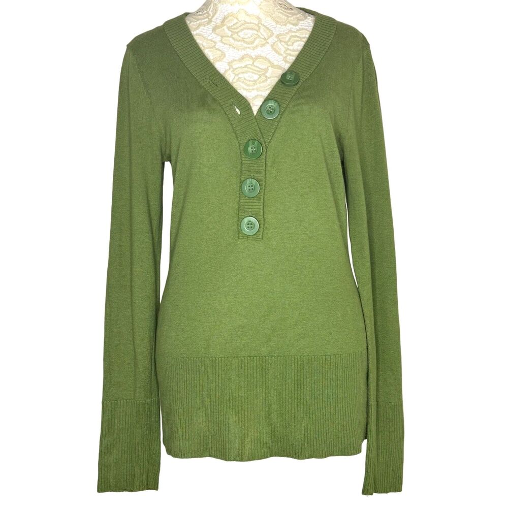 Sundance Catalog V Neck Pullover Sweater 1/4 Button Front Green S